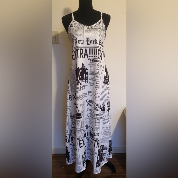 Dresses & Skirts - Tank Dress; Spaghetti Straps; Newspaper Print; Knit Fabric; V-Neck